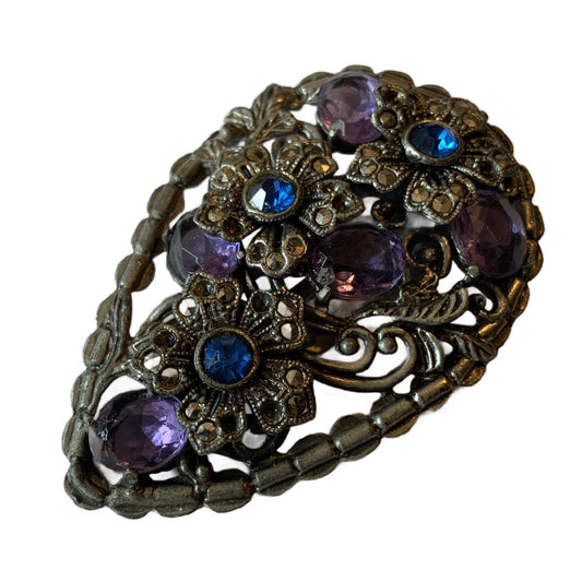 Violet and Blue Czech Glass Floral Design Large Fur Clip circa 1930s