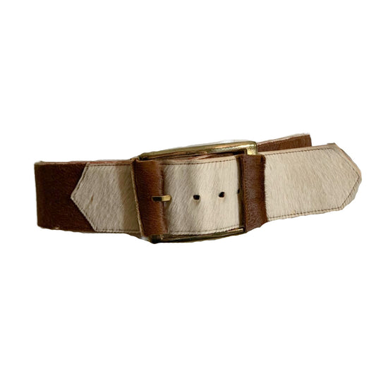 Brown and White Cowhide Wide Leather Belt circa 1970s