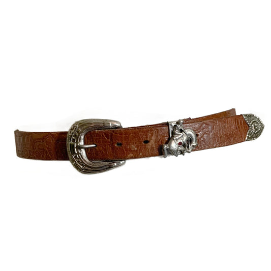 Iconic Tooled Western Leather Belt with Red Rhinestone on Cowboy with Horse circa 1950s