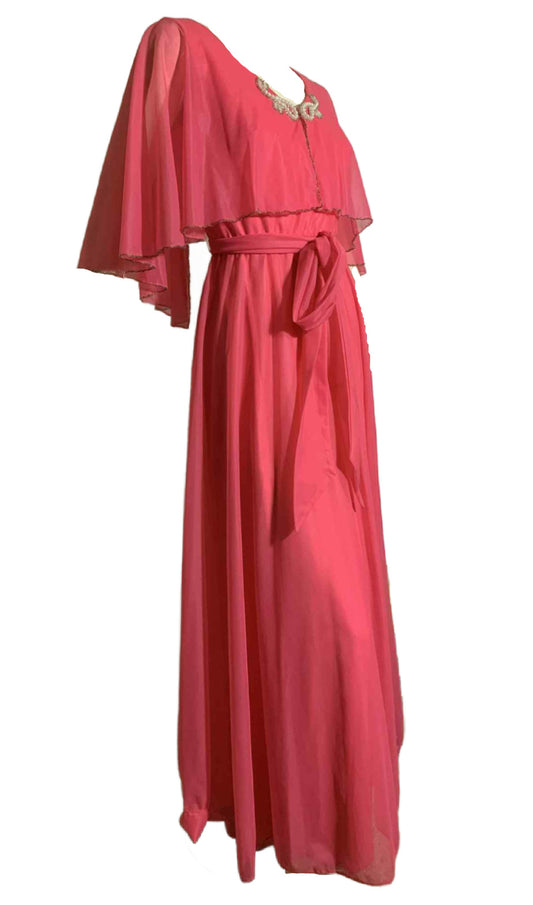 Shocking Pink Chiffon Caped Maxi Dress circa 1970s