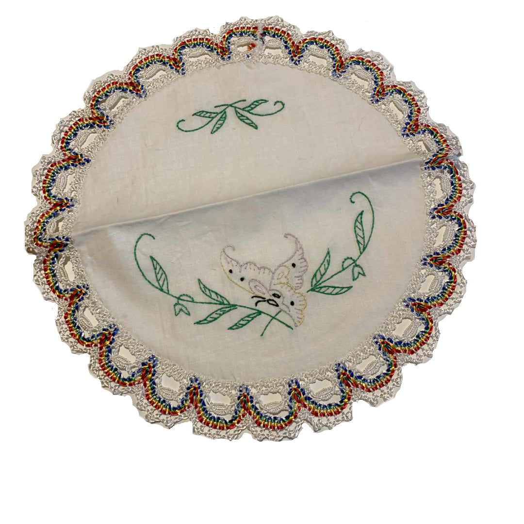 Butterfly Embroidered Round Cotton Doily circa 1940s