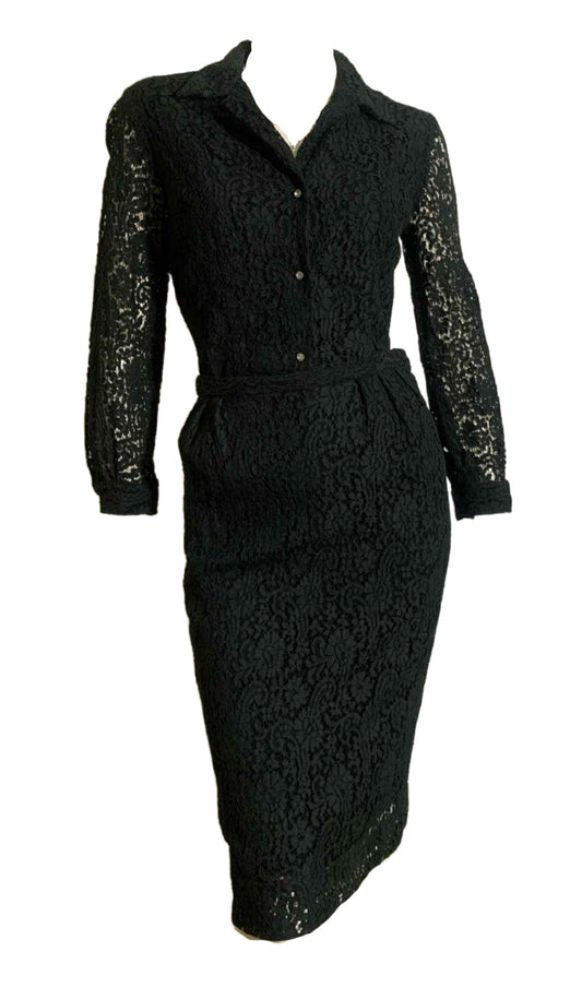 Two Piece Ink Black Lace Blouse and Skirt Dress Set Rhinestones circa 1960s