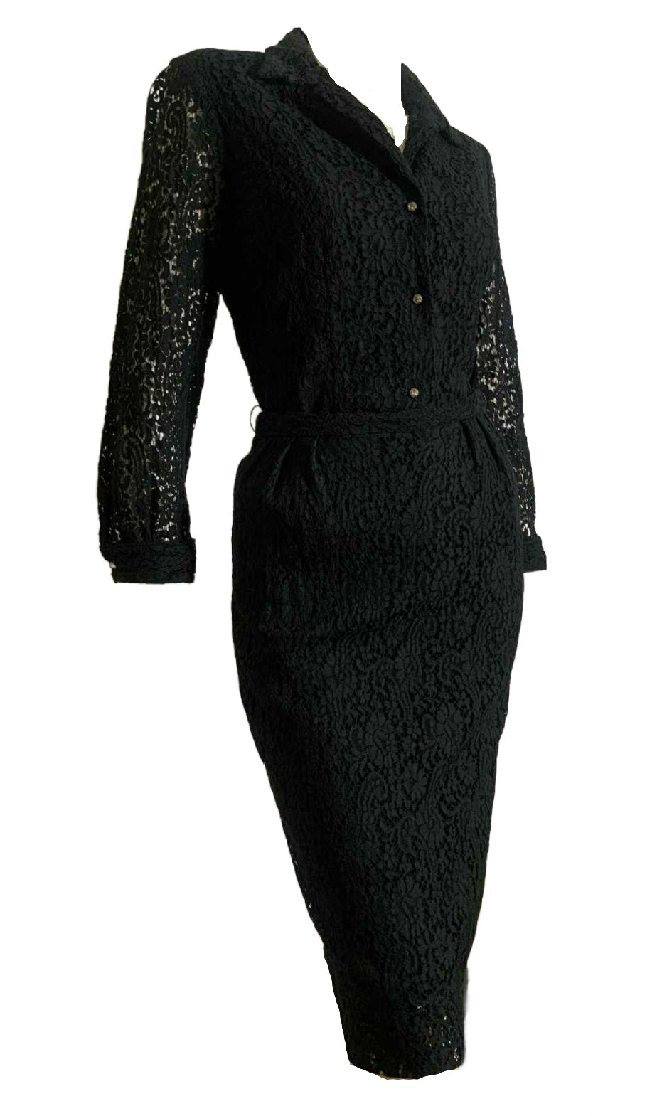 Two Piece Ink Black Lace Blouse and Skirt Dress Set Rhinestones circa 1960s