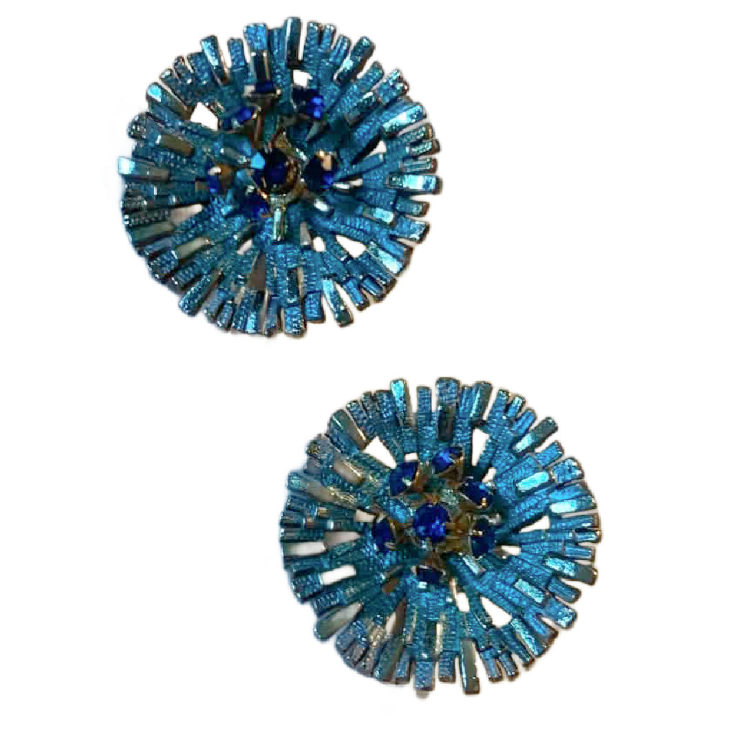Atomic MCM Blue Starburst Rhinestone Clip Earrings circa 1960s