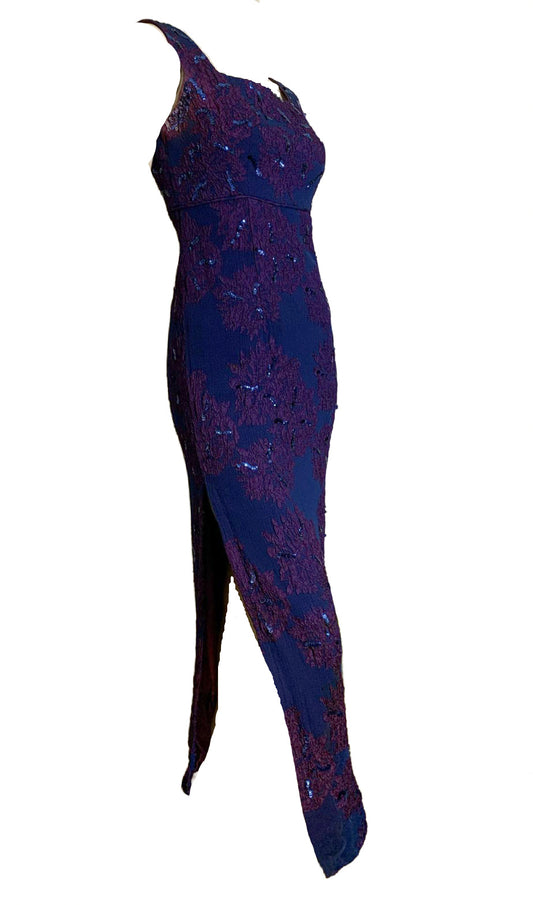 Sultry Sapphire Blue and Purple Sequined High Slit Evening Dress circa 1960s