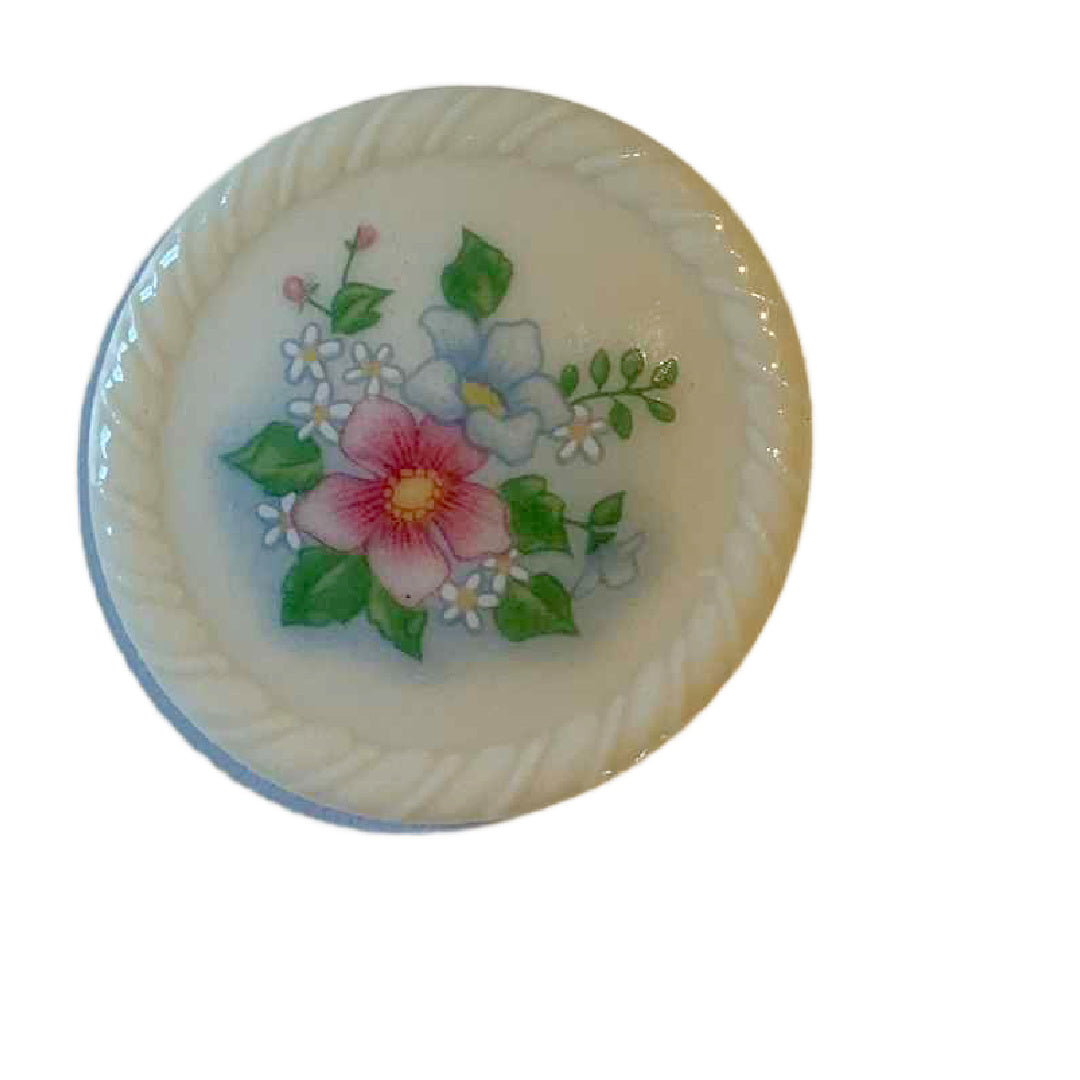 Dainty Pink and Blue Floral Design Disc Brooch circa 1980s