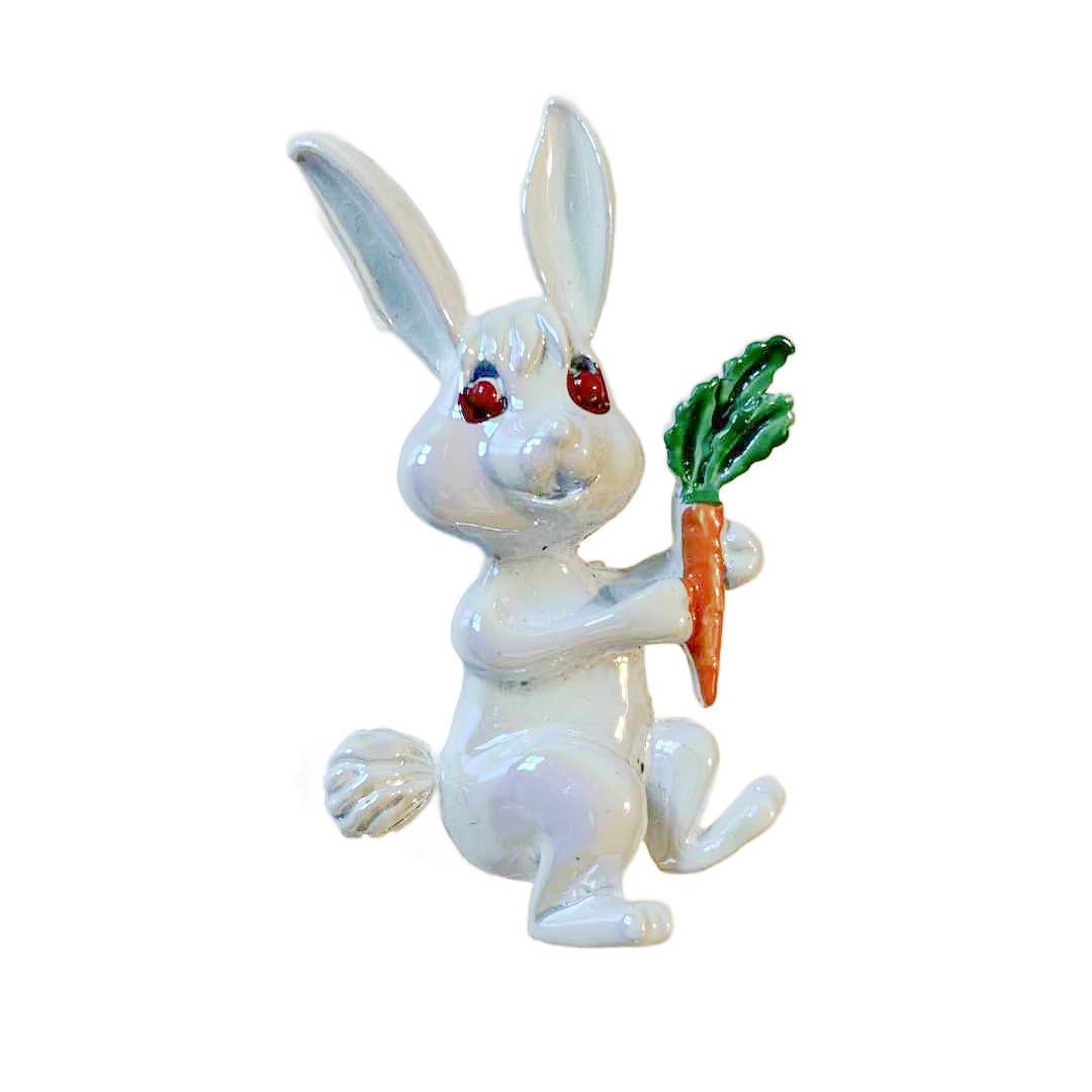 Iridescent Bunny Brooch with Carrot and Red Rhinestone Eyes circa 1960s