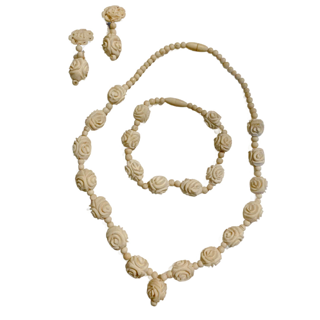Carved Vegetable Ivory Necklace, Bracelet and Earrings Demi Parure circa 1920s