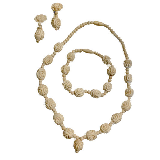 Carved Vegetable Ivory Necklace, Bracelet and Earrings Demi Parure circa 1920s