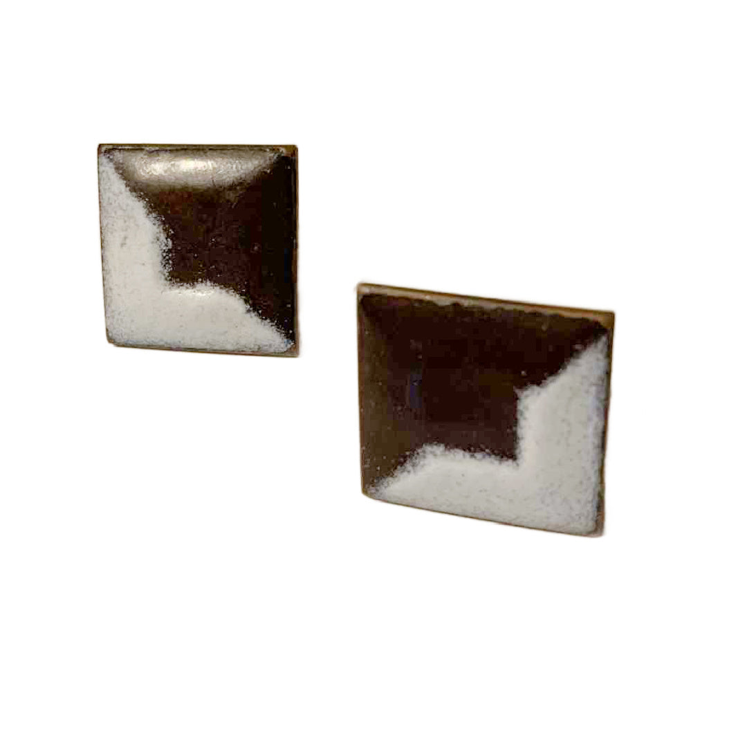 Walnut Brown Two Tone Enameled Copper Square Clip Earrings circa 1940s