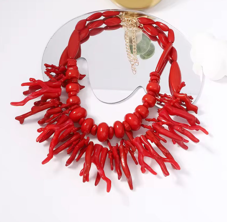 Coral- the Exotic Faux Coral Double Strand Necklace Set