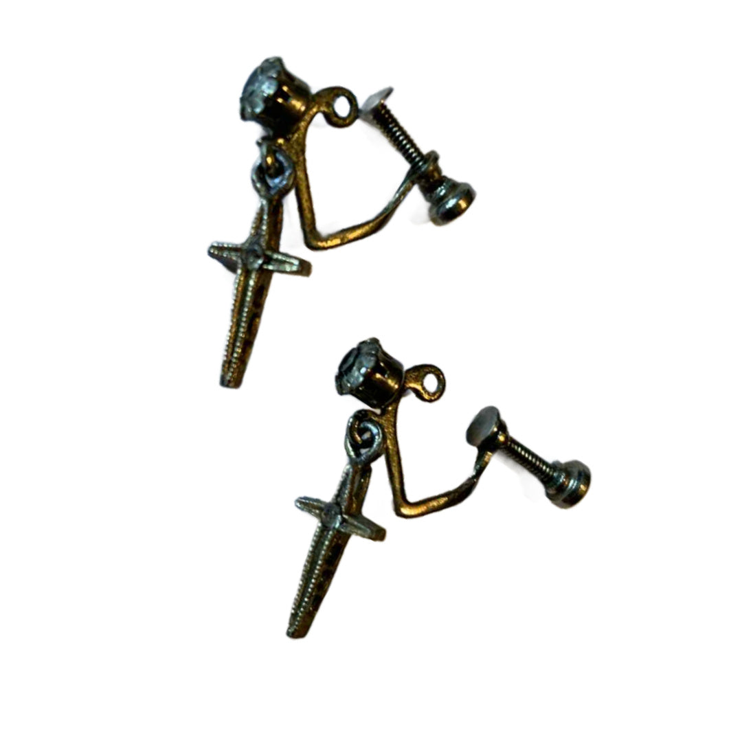 Rhinestone Dotted Cross Dangling Screwback Clip Earrings circa 1940s