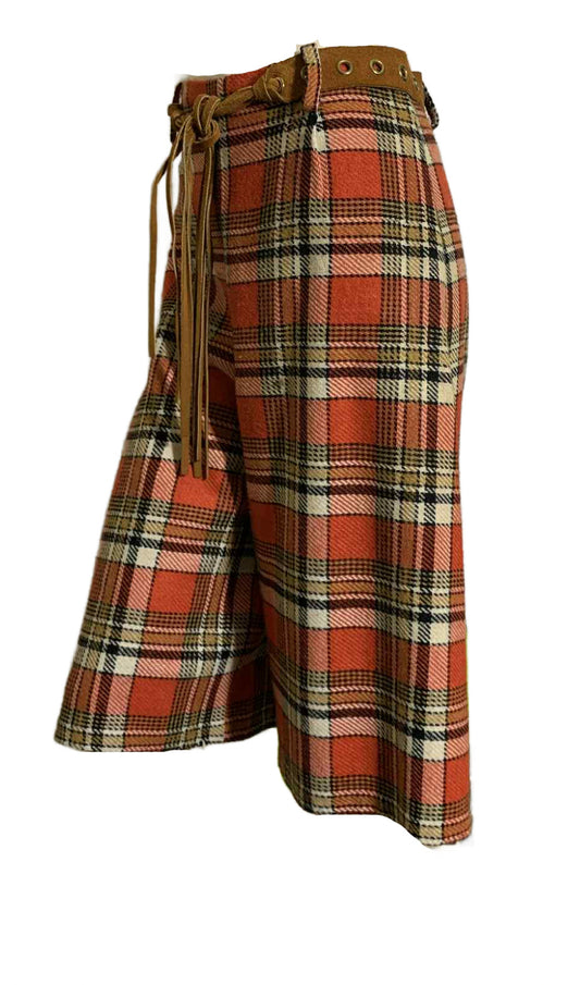 Cinnamon and Green Plaid Wool Culotte Pants circa 1970s