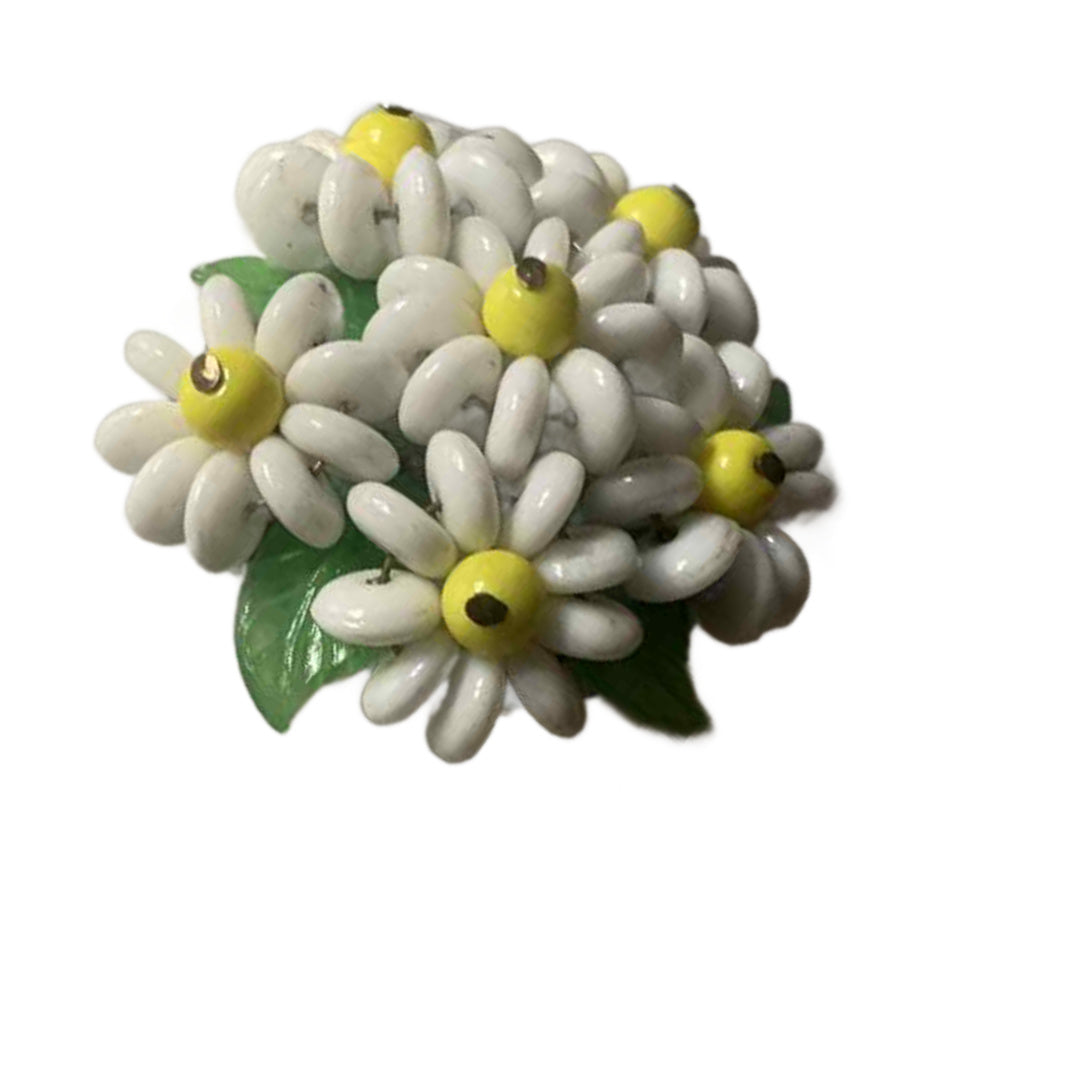 Daisy Fresh Glass Beaded Flower and Leaves Bouquet Brooch circa 1930s
