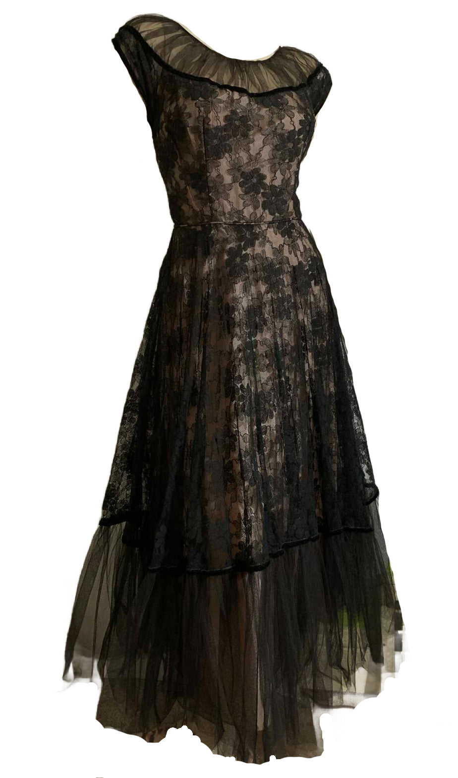 Lingerie Inspired Black and Pink Chiffon Lace Party Dress by Emma Domb circa 1950s