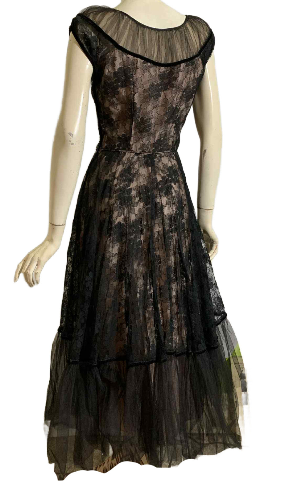 Lingerie Inspired Black and Pink Chiffon Lace Party Dress by Emma Domb circa 1950s