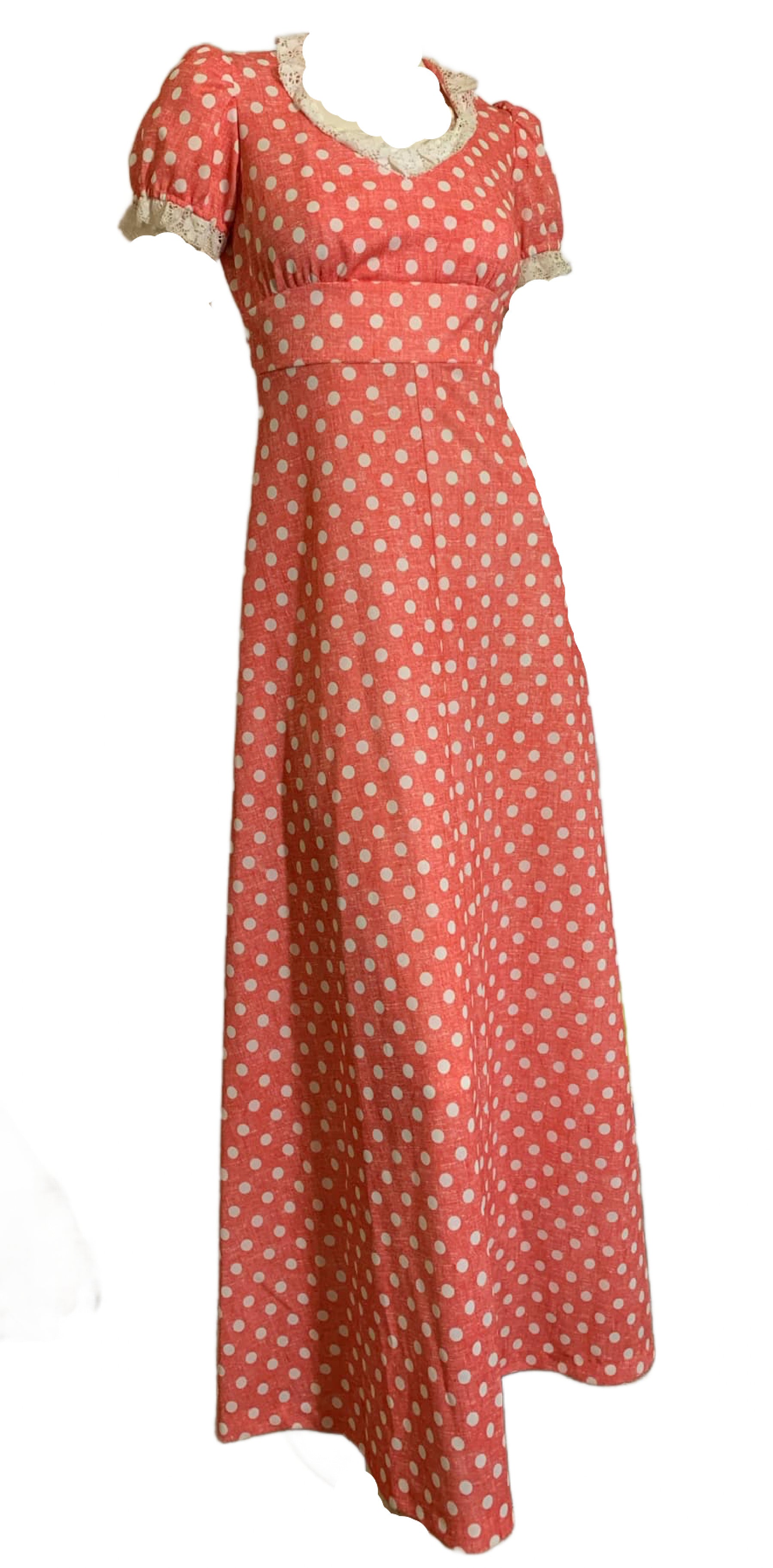 Pink and White Empire Waist Puff Sleeved Polka Dot Maxi Dress circa 1970s Pink and White Empire Waist Puff Sleeved Polka Dot Maxi Dress circa 1970s