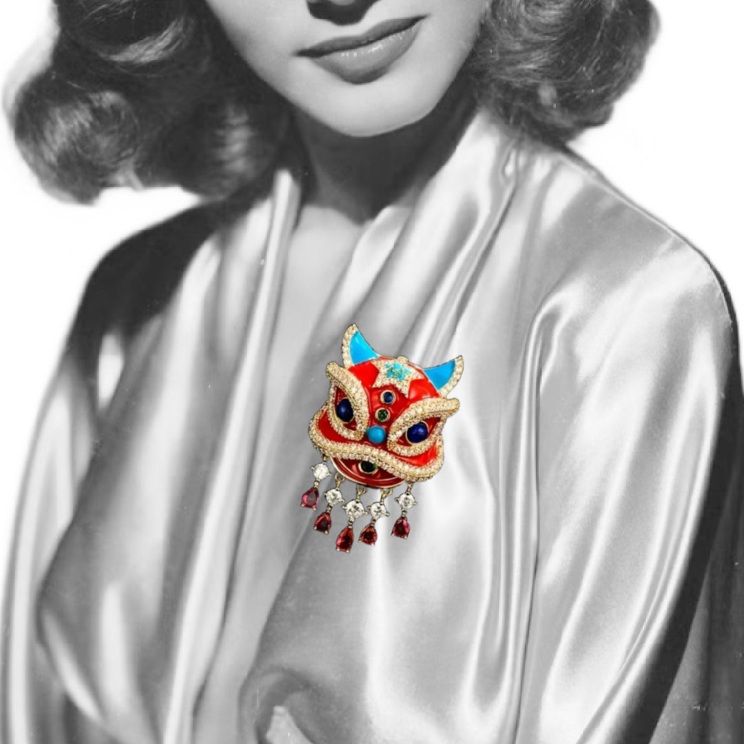 Year of the Dragon Red Enameled Metal Brooch 1940s Inspired