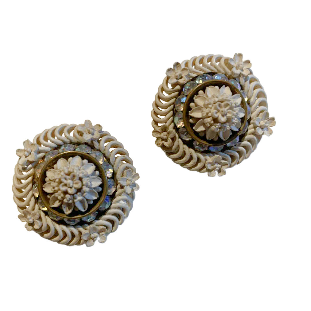 Ivory Carved Celluloid Medallion Earrings with Rhinestones circa 1940s