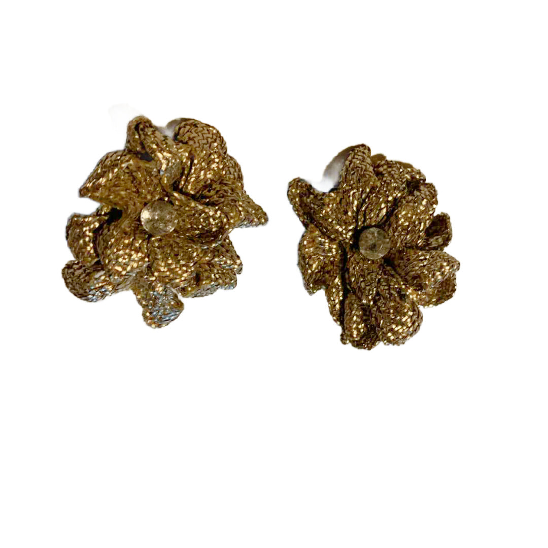 Metallic Ribbon Flower Earrings in Gold circa 1940s