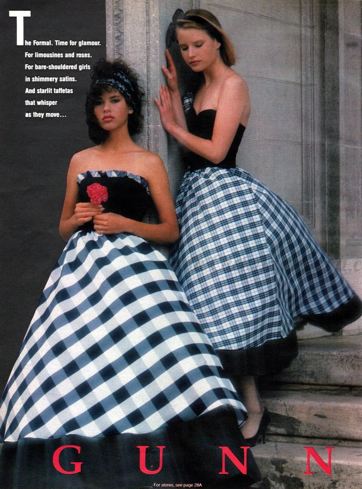 Black and White Taffeta One Shoulder Party Dress with Plaid Skirt circa 1980s Gunne Sax