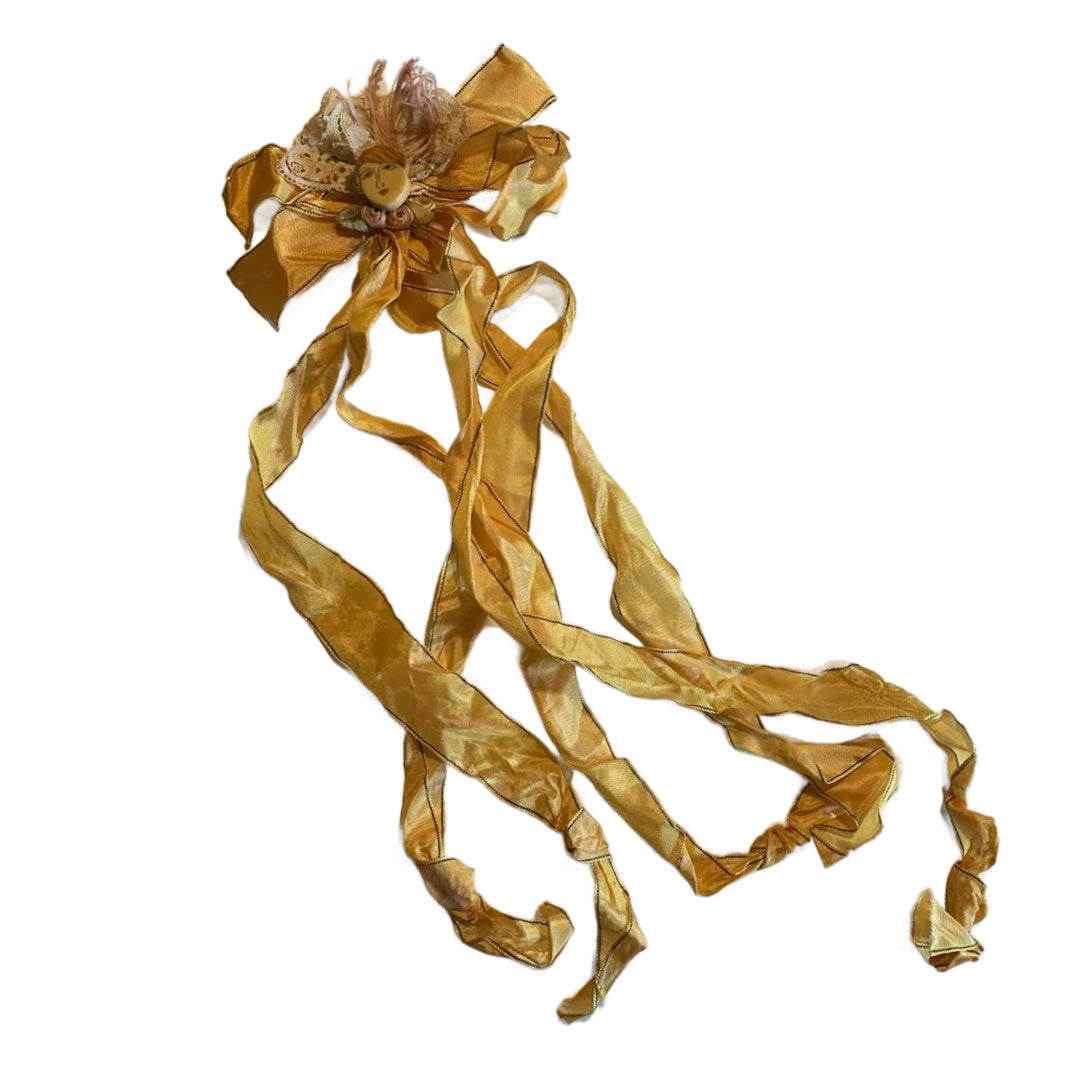 Doll Face Yellow/Pink 2 Tone Ribbon Brooch with Lady Face, Feather and Lace