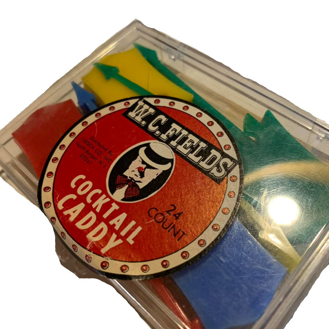 24 WC Fields Multicolored Plastic Cocktail Stirring Swizzle Sticks in Box 1960s