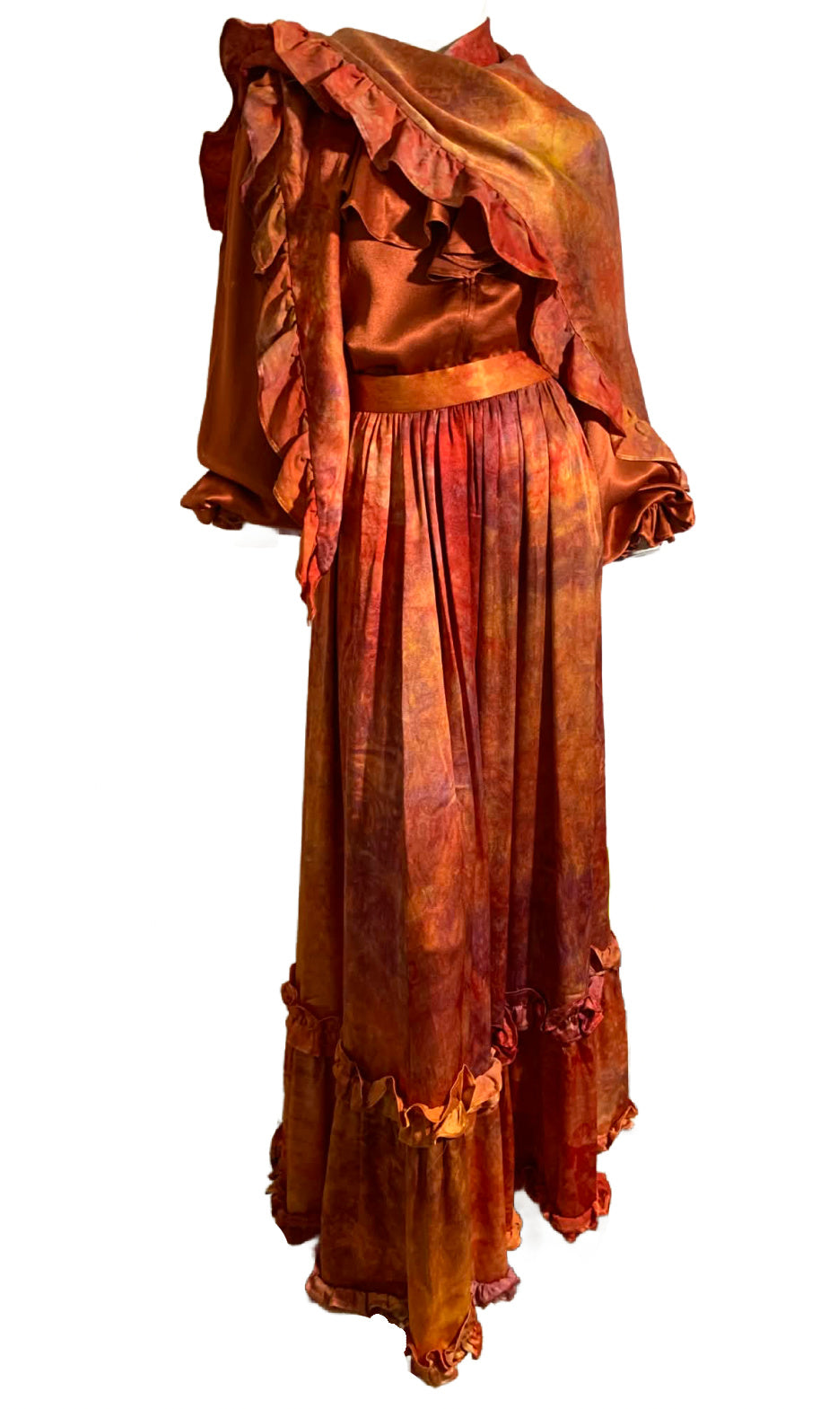 Fiery Tie Dye Peasant Style Silk Charmeuse 3 Piece Maxi Dress Set circa 1970s Fiery Tie Dye Peasant Style Silk Charmeuse 3 Piece Maxi Dress Set circa 1970s