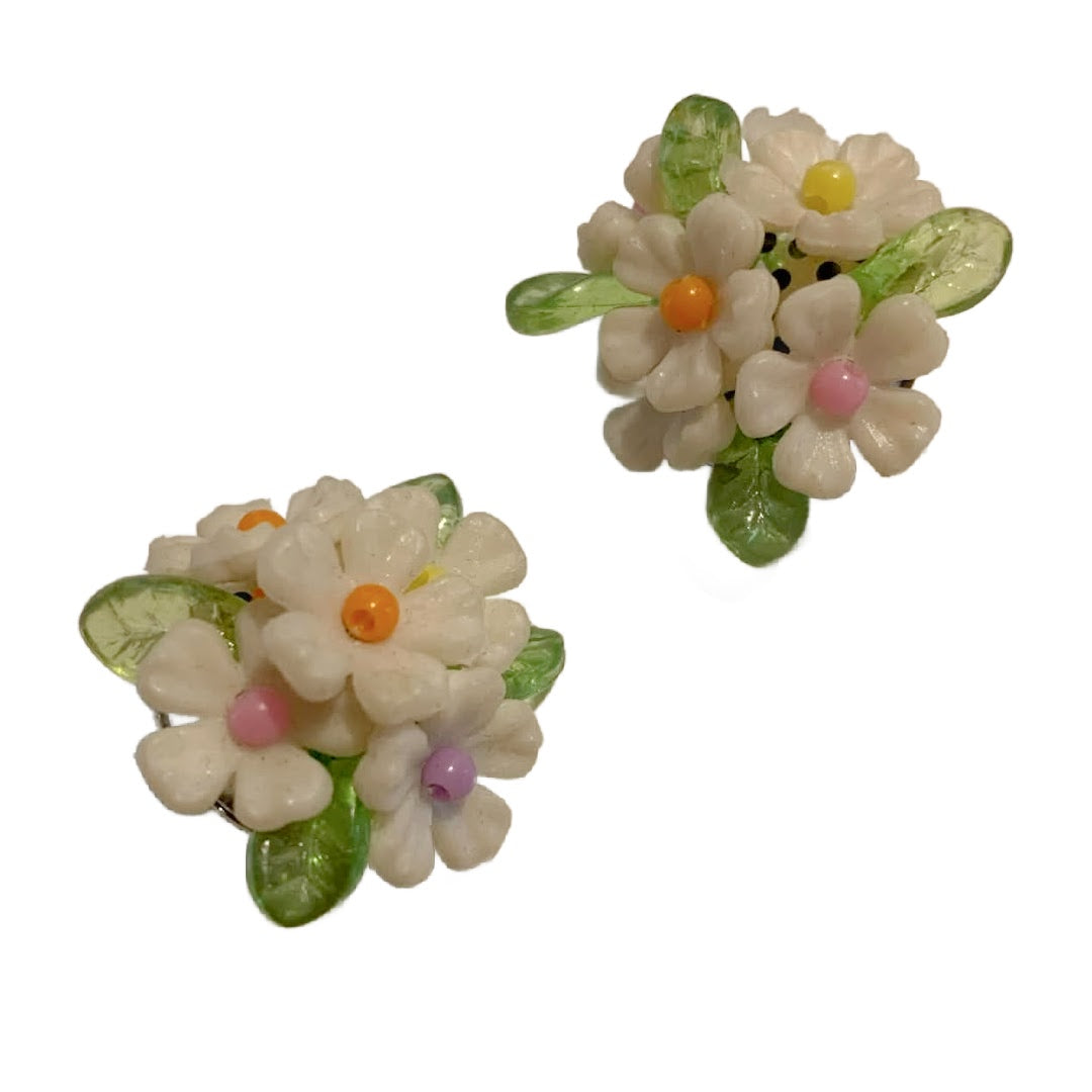 Pretty Pastel Flower Bead Clip Earrings circa 1950s
