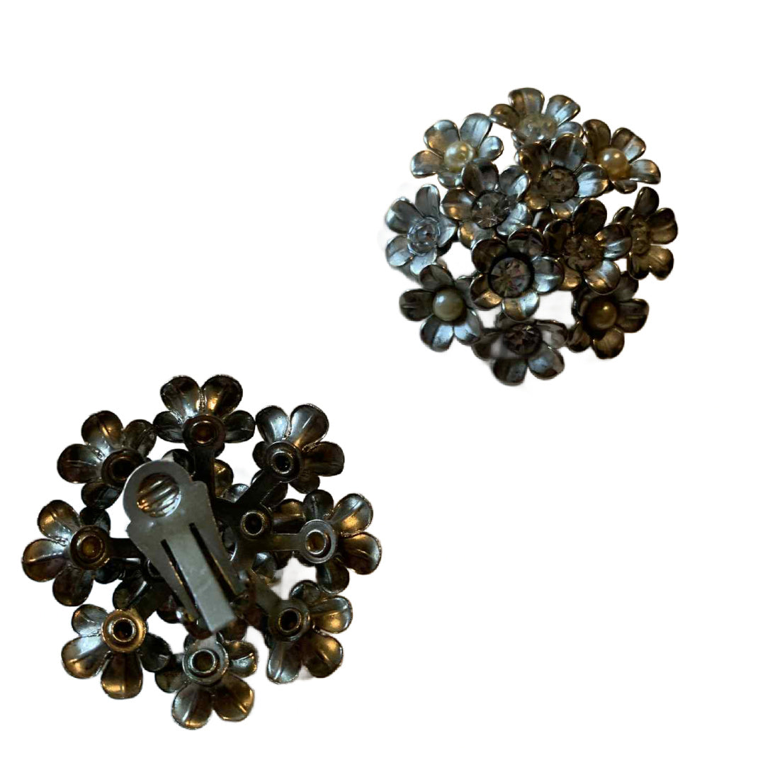 Big Faux Pearl and Rhinestone Flower Clip Earrings circa 1950s