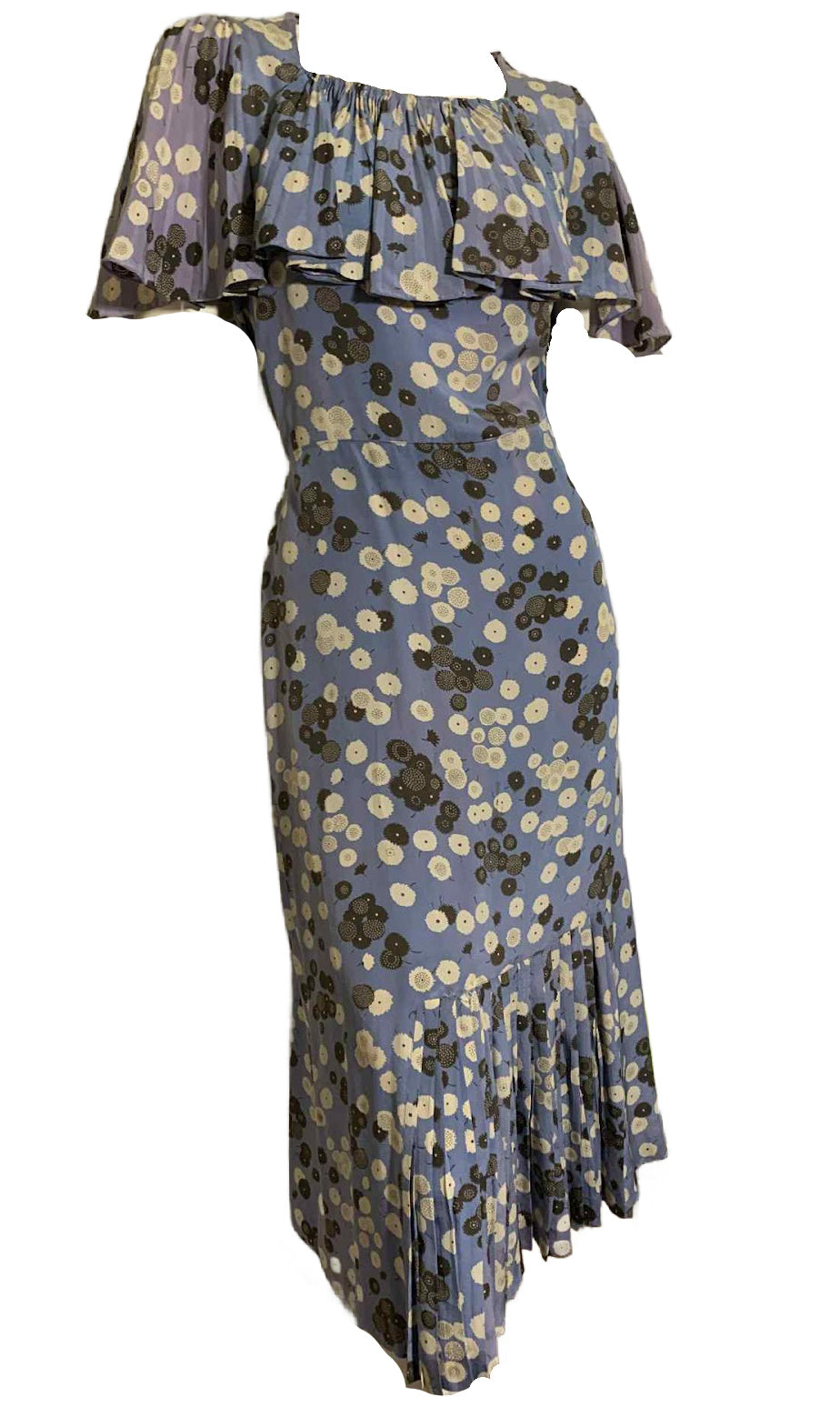 Art Deco Print Lilac Silk Dress with Caped Pleated Sleeves circa 1930s