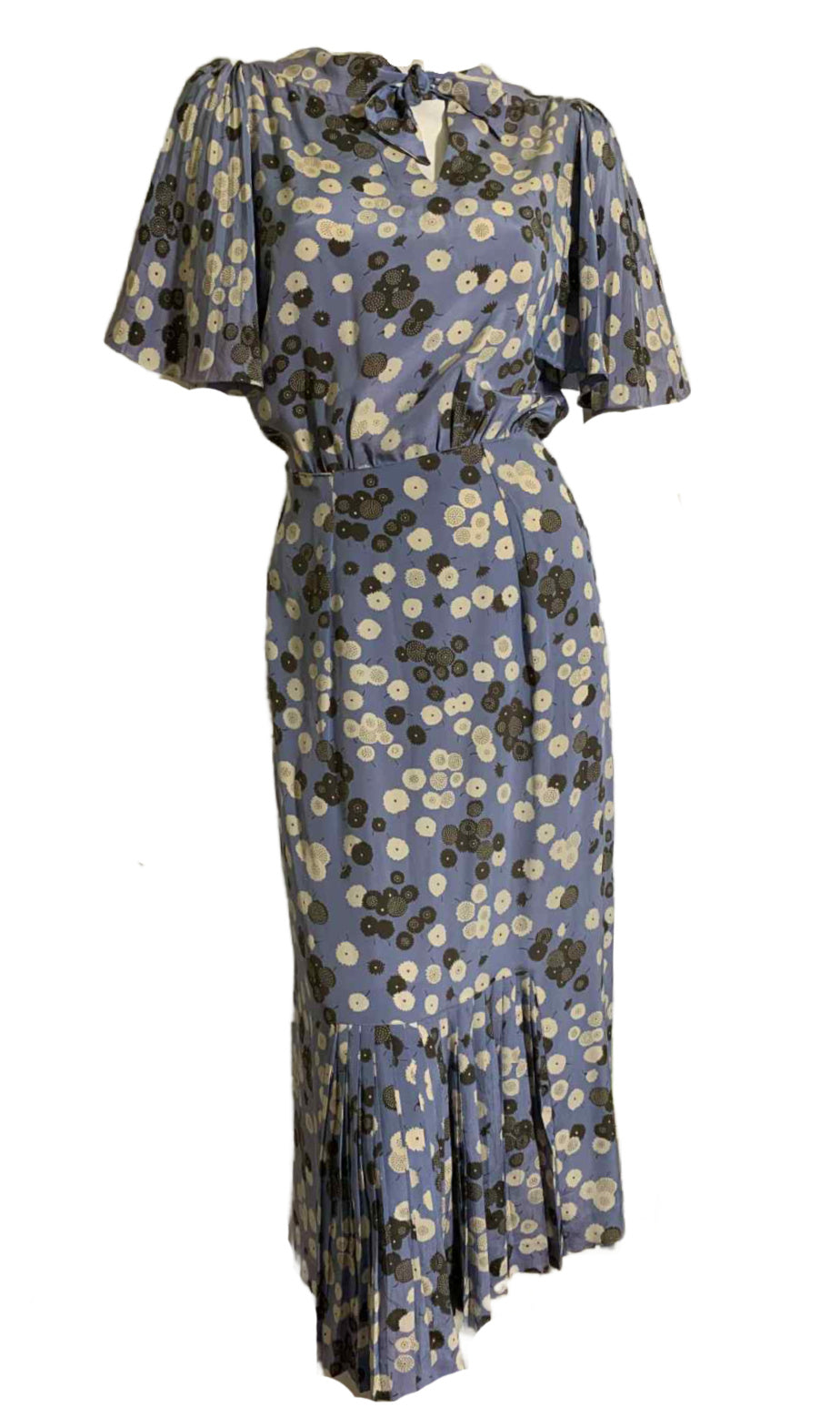 Art Deco Print Lilac Silk Dress with Caped Pleated Sleeves circa 1930s
