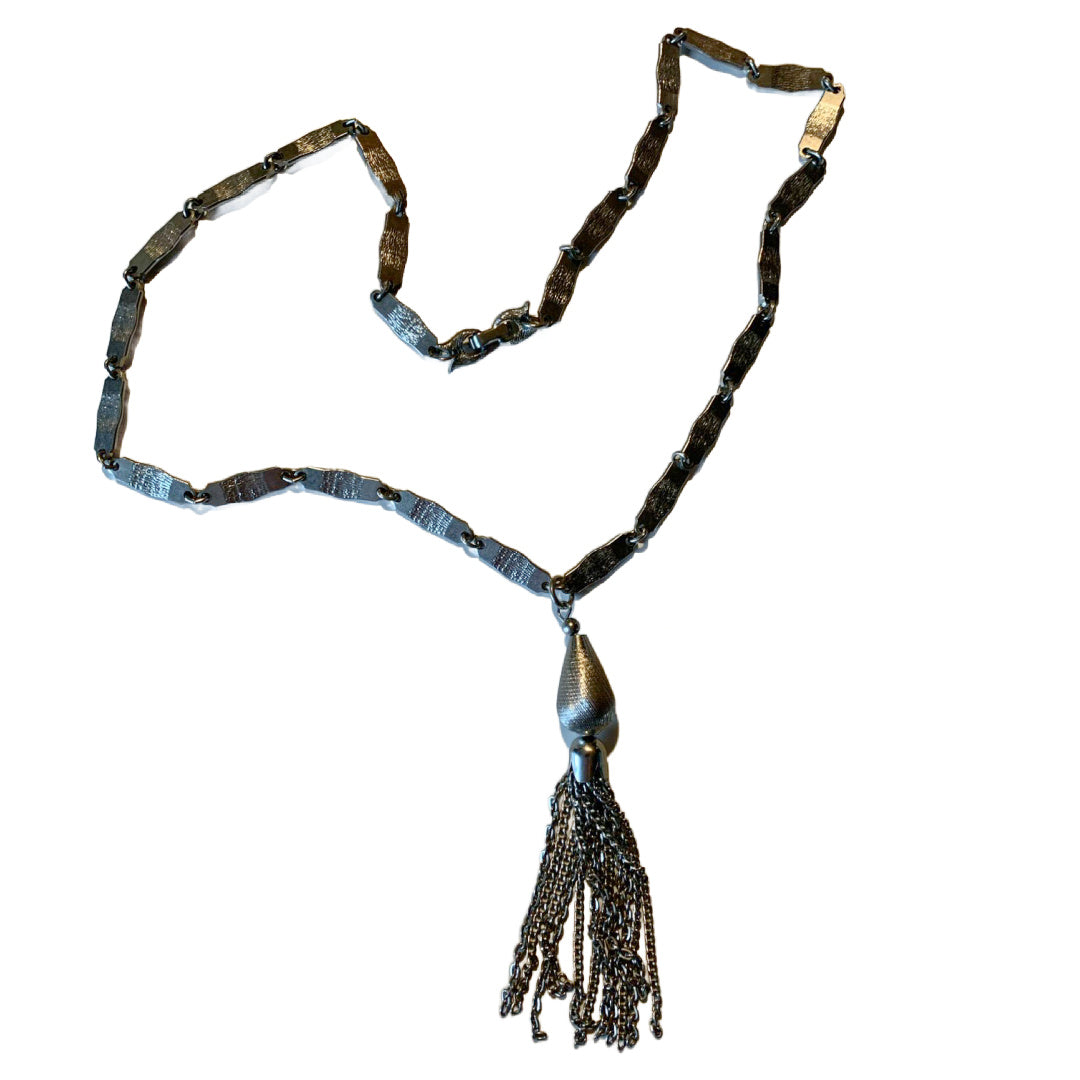 Silver Tone Flat Link Chain Necklace with Tassel circa 1970s