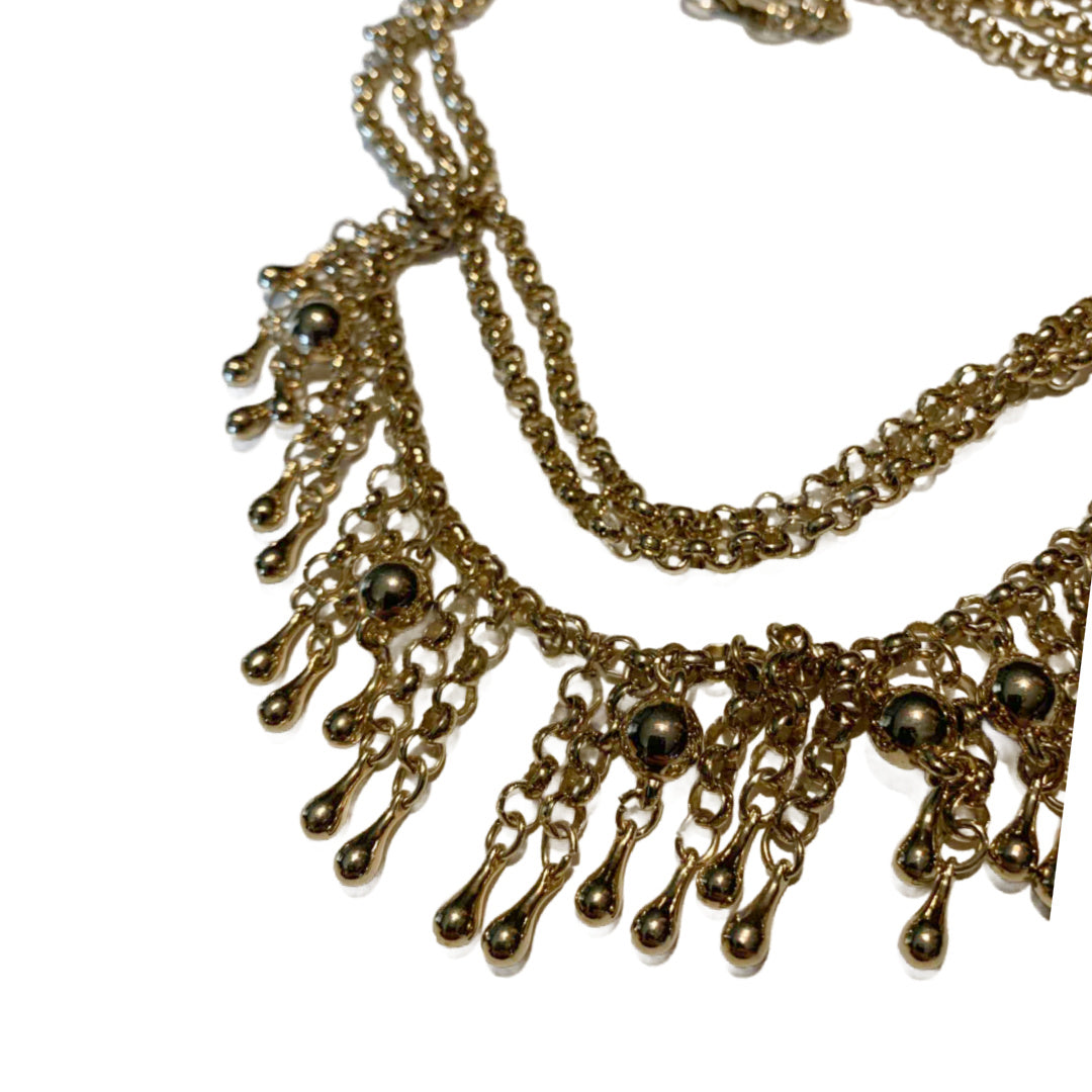 ON HOLD Gold Tone Metal Multi Chain Bib Necklace with Fringe circa 1970s