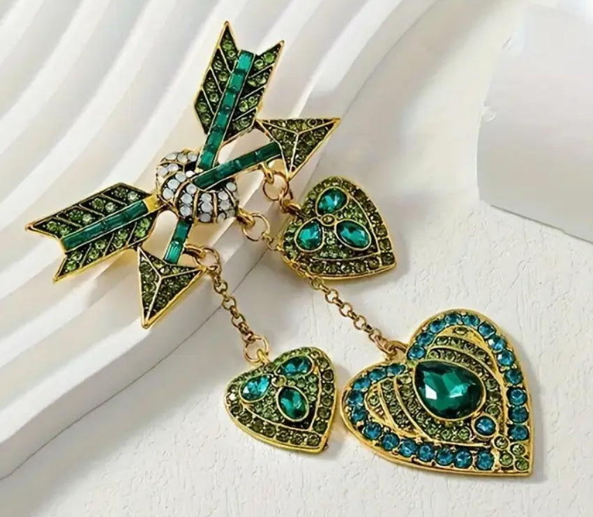 Romantic Dangling Hearts and Arrows Rhinestone Brooch 3 Colors