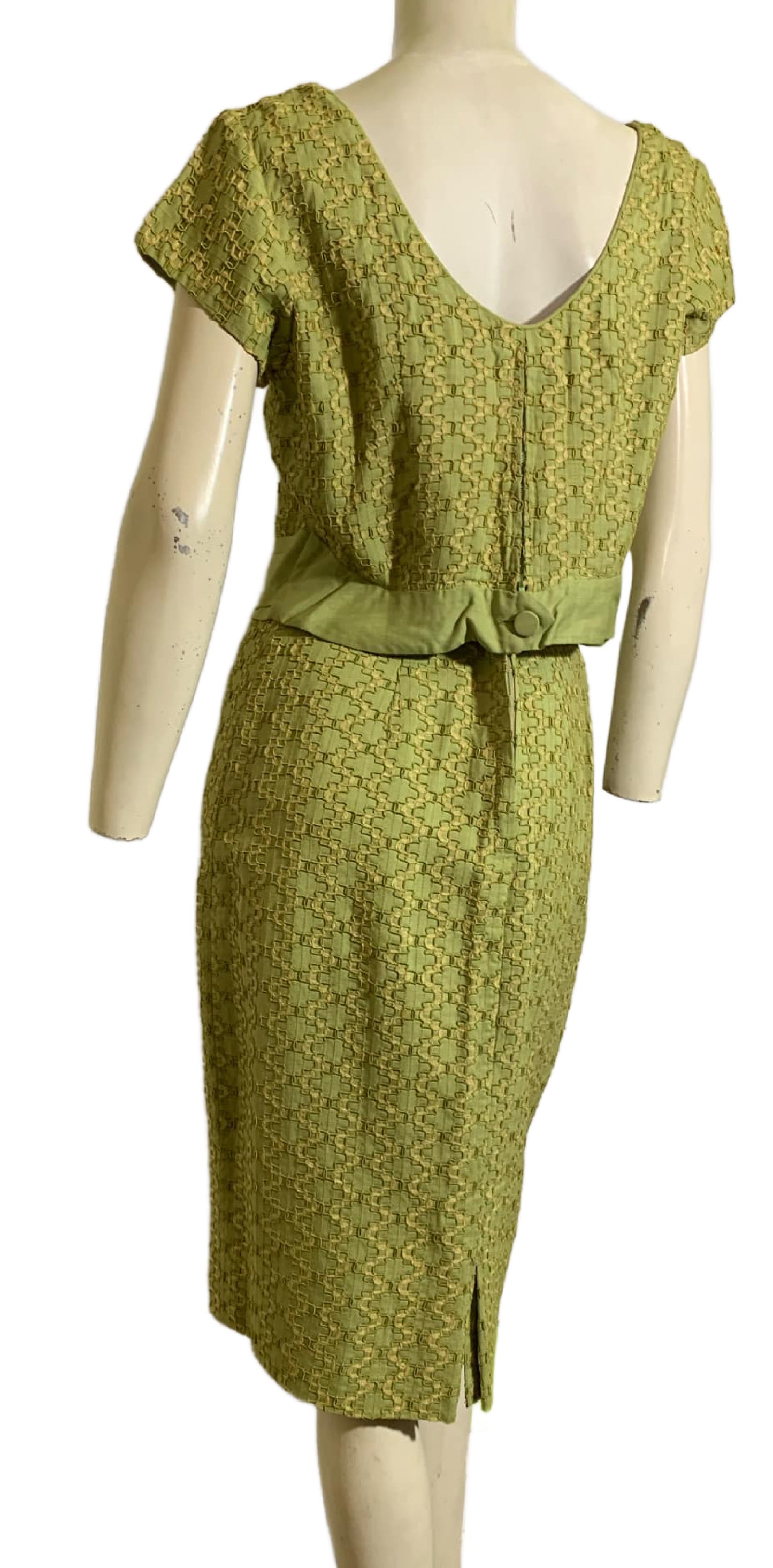 Pea Green Linen Weave Ribbon Embroidered 2 Pc Dress Set circa 1960s