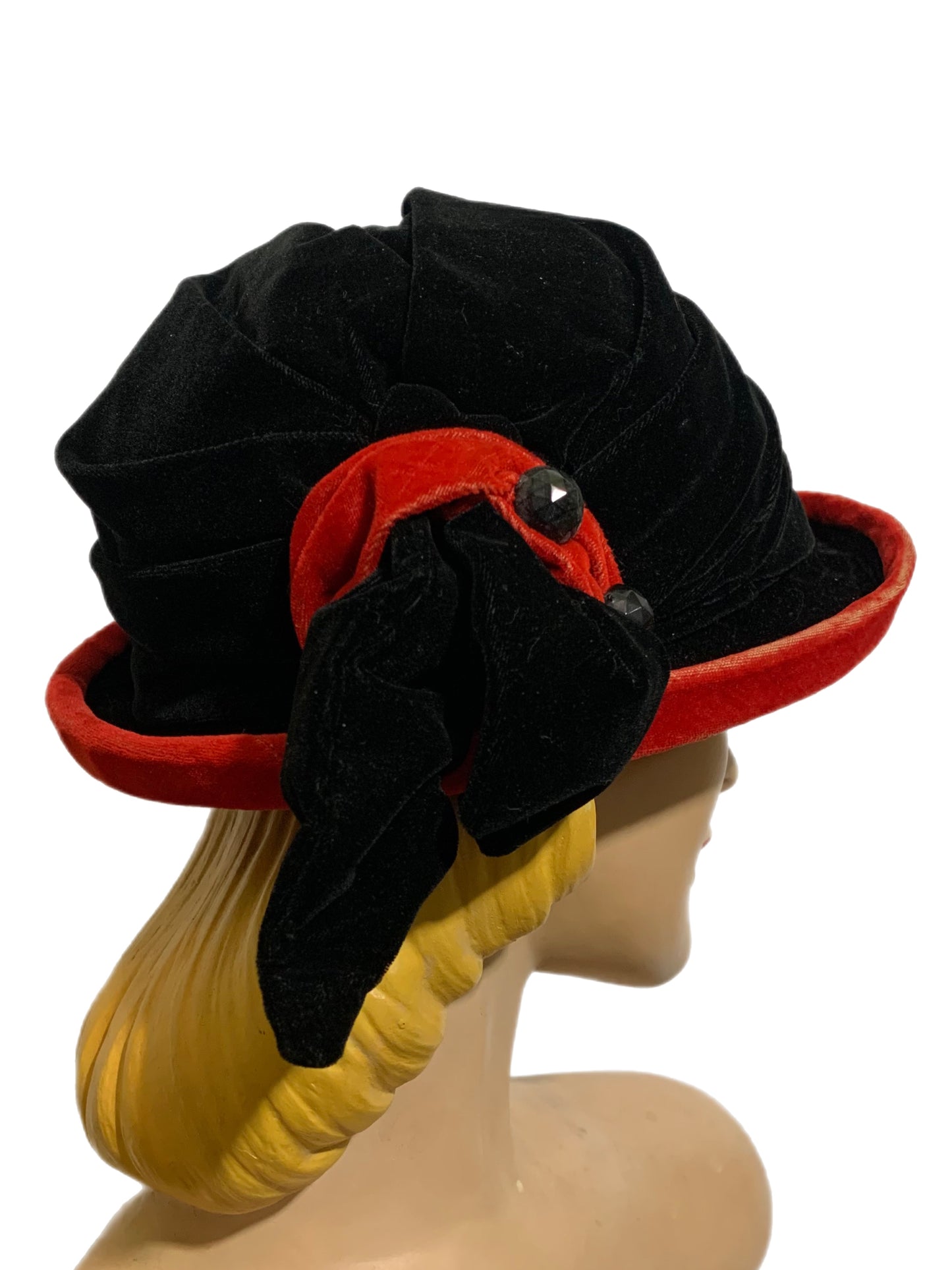 Black Velvet Curved Brim Hat with Tomato Red Accents circa 1910s