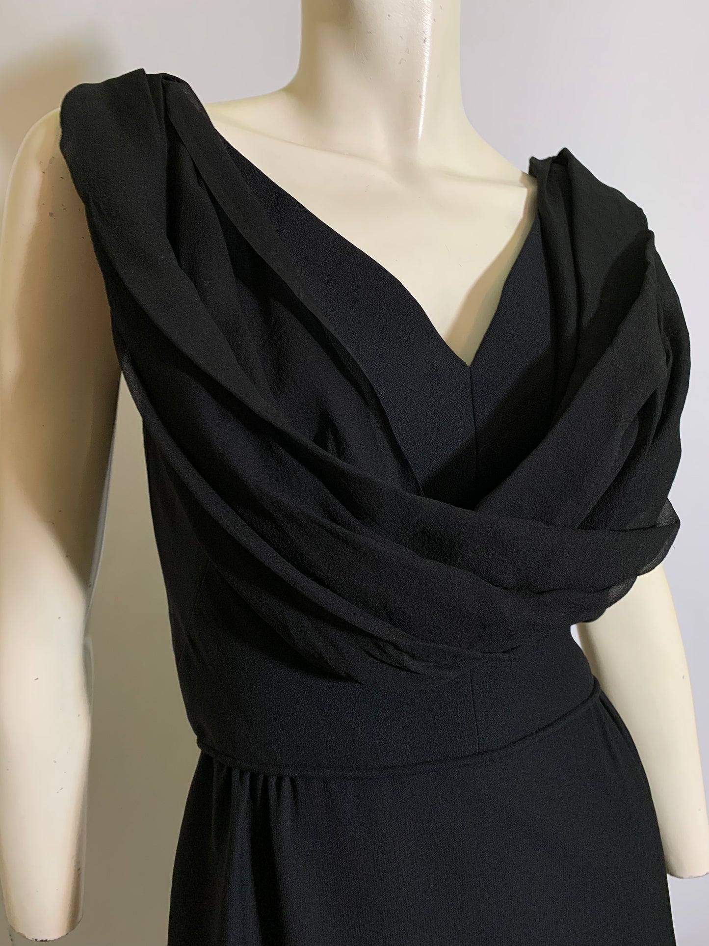 Black Chiffon Draped Neckline Mini Cocktail Dress circa 1960s