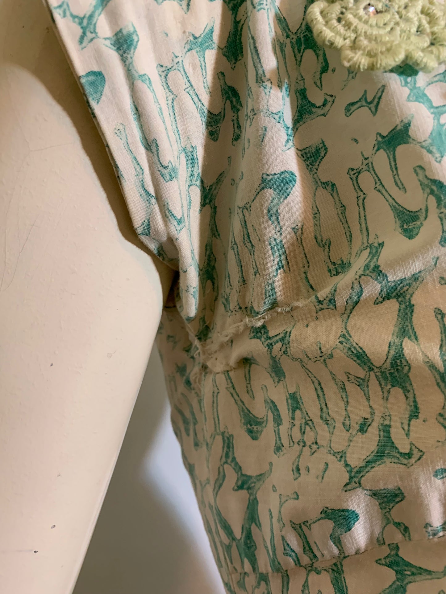 Aqua and Green Abstract Print Lace and Rhinestone Trimmed Dress circa 1950s