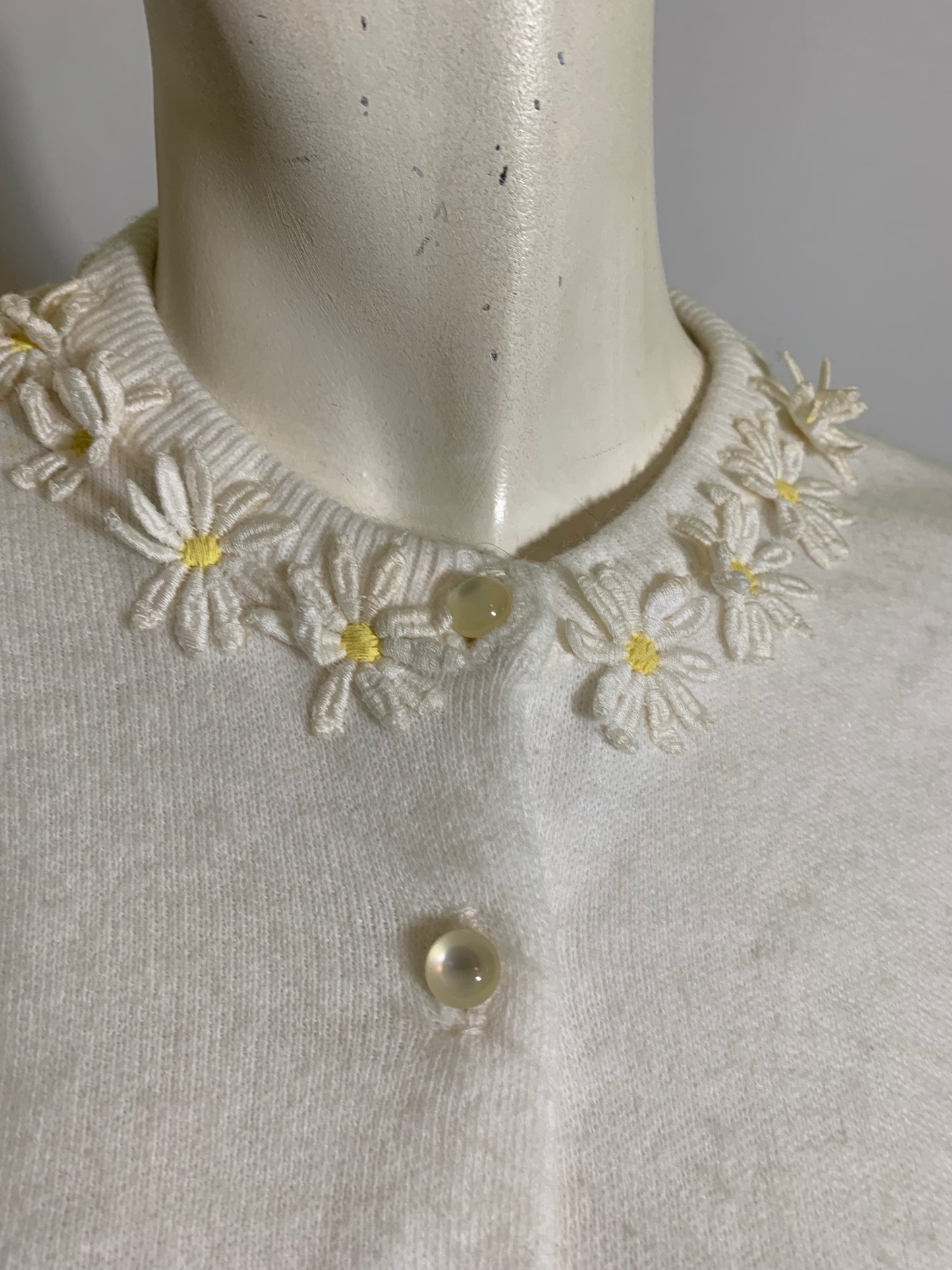 Daisy Chain Applique Trimmed White Orlon Cardigan Sweater circa 1950s