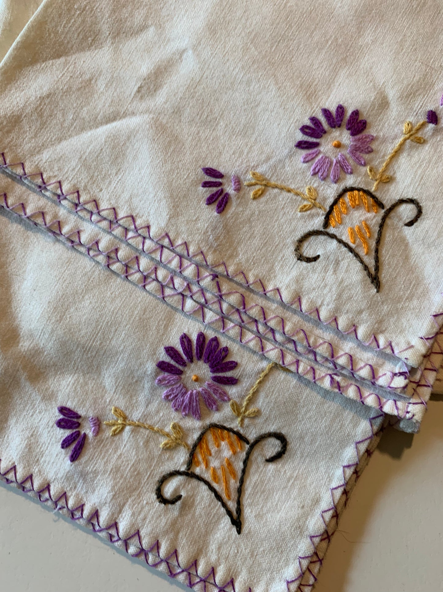 Purple Cross Stitched Handkerchiefs or Napkins Lot 3 circa 1940s