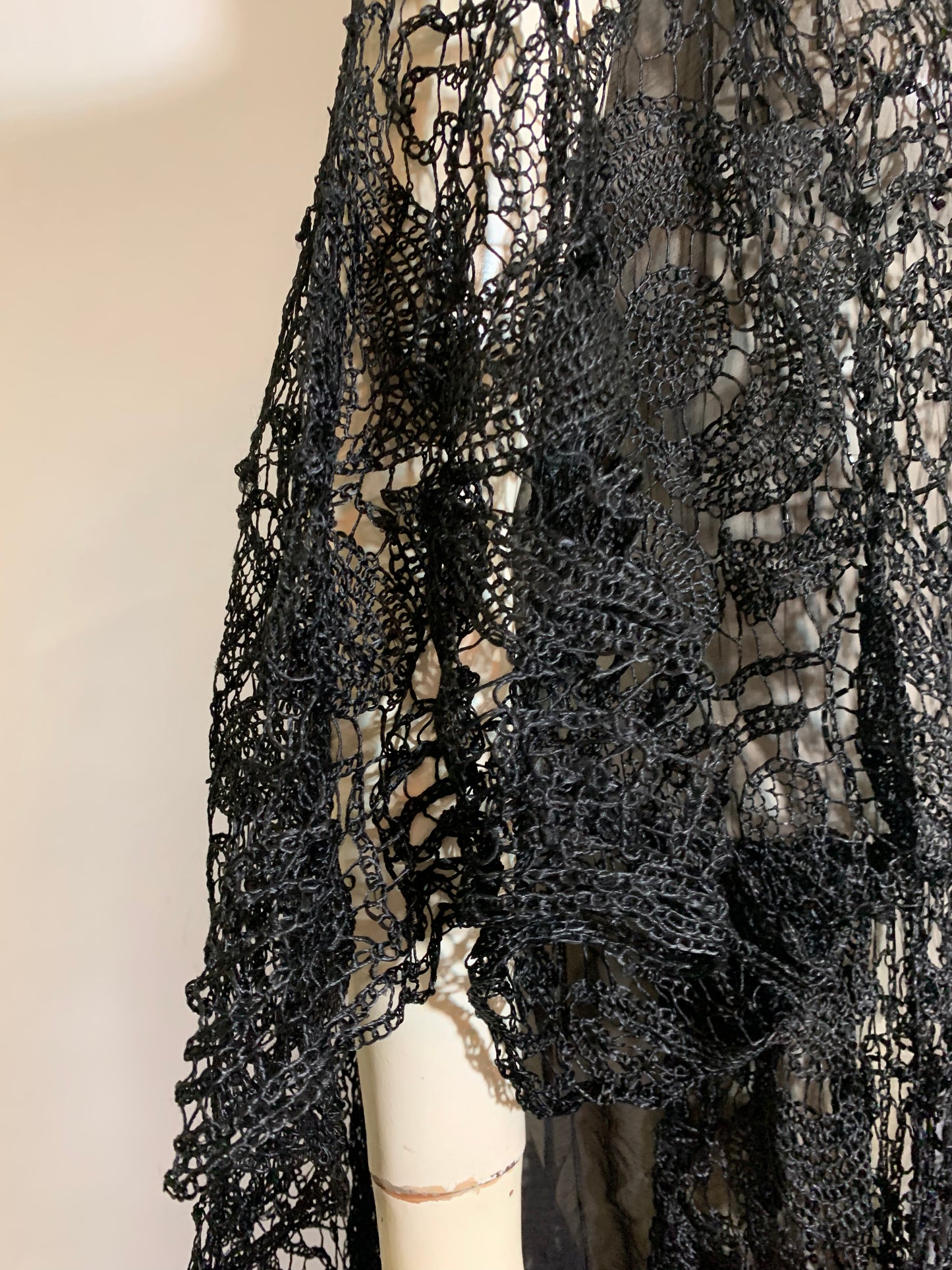 Sheer Black Silk Beaded Dress with Spanish Shawl Inspired Crochet Adornment circa 1920s
