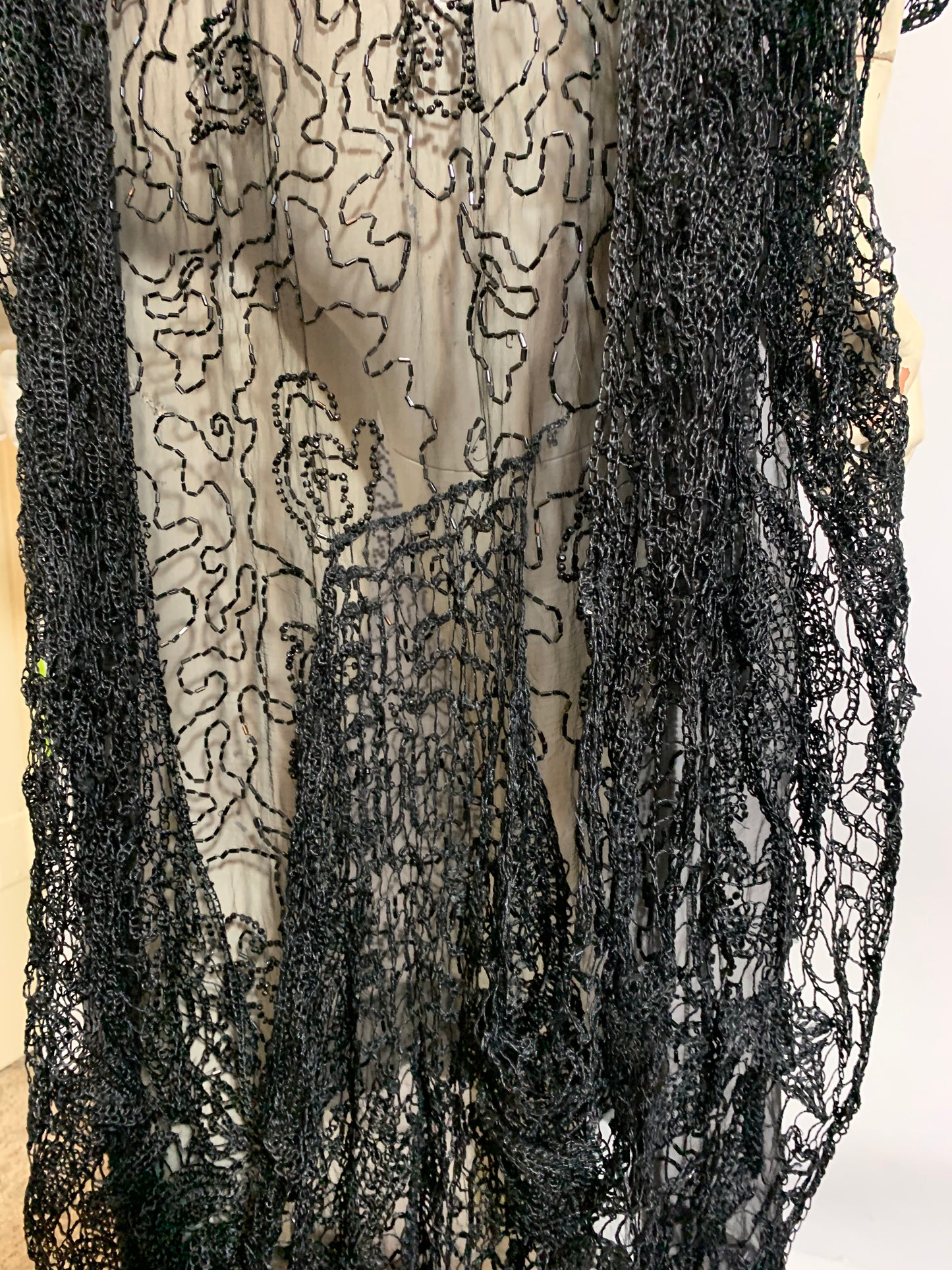 Sheer Black Silk Beaded Dress with Spanish Shawl Inspired Crochet Adornment circa 1920s