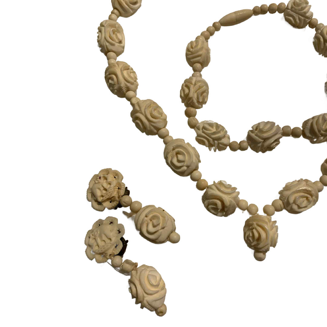 Carved Vegetable Ivory Necklace, Bracelet and Earrings Demi Parure circa 1920s