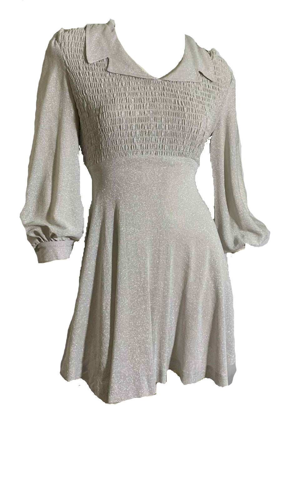 Silver Lurex Smocked Bodice Baby Doll Mini Dress circa 1970s Silver Lurex Smocked Bodice Baby Doll Mini Dress circa 1970s