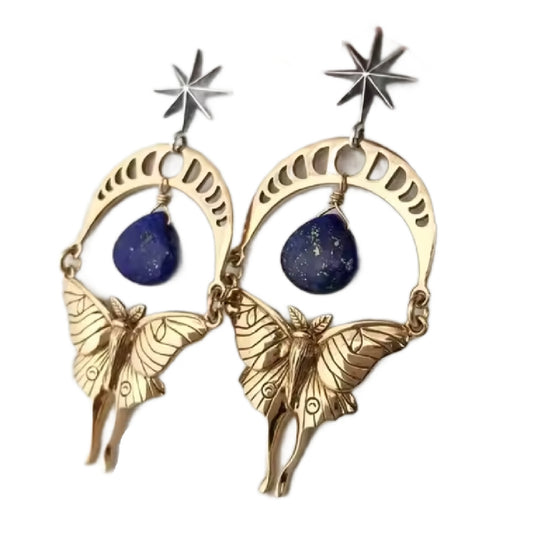 Delphine- the Luna Moth Dangle Earrings w/ Blue Stone