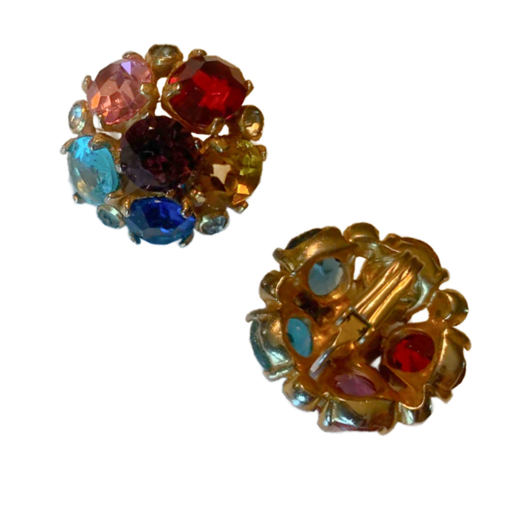 Multicolor Rainbow Rhinestone Clip Earrings circa 1960s