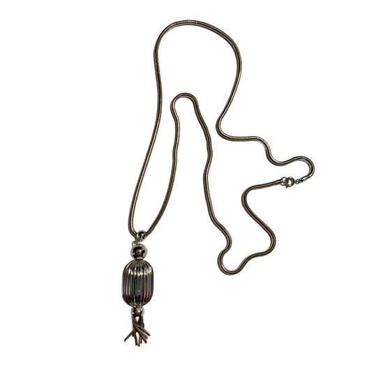 LONG Silver Ribbed Barrel Pendant Necklace with Fringe circa 1970s