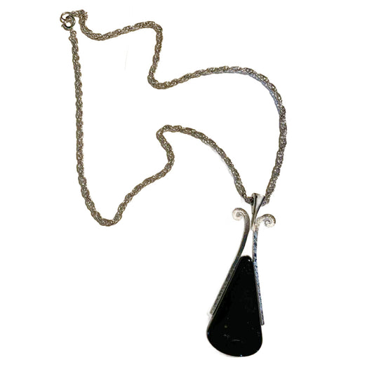 Black Enameled Silver Geometric LONG Pendant Necklace circa 1970s
