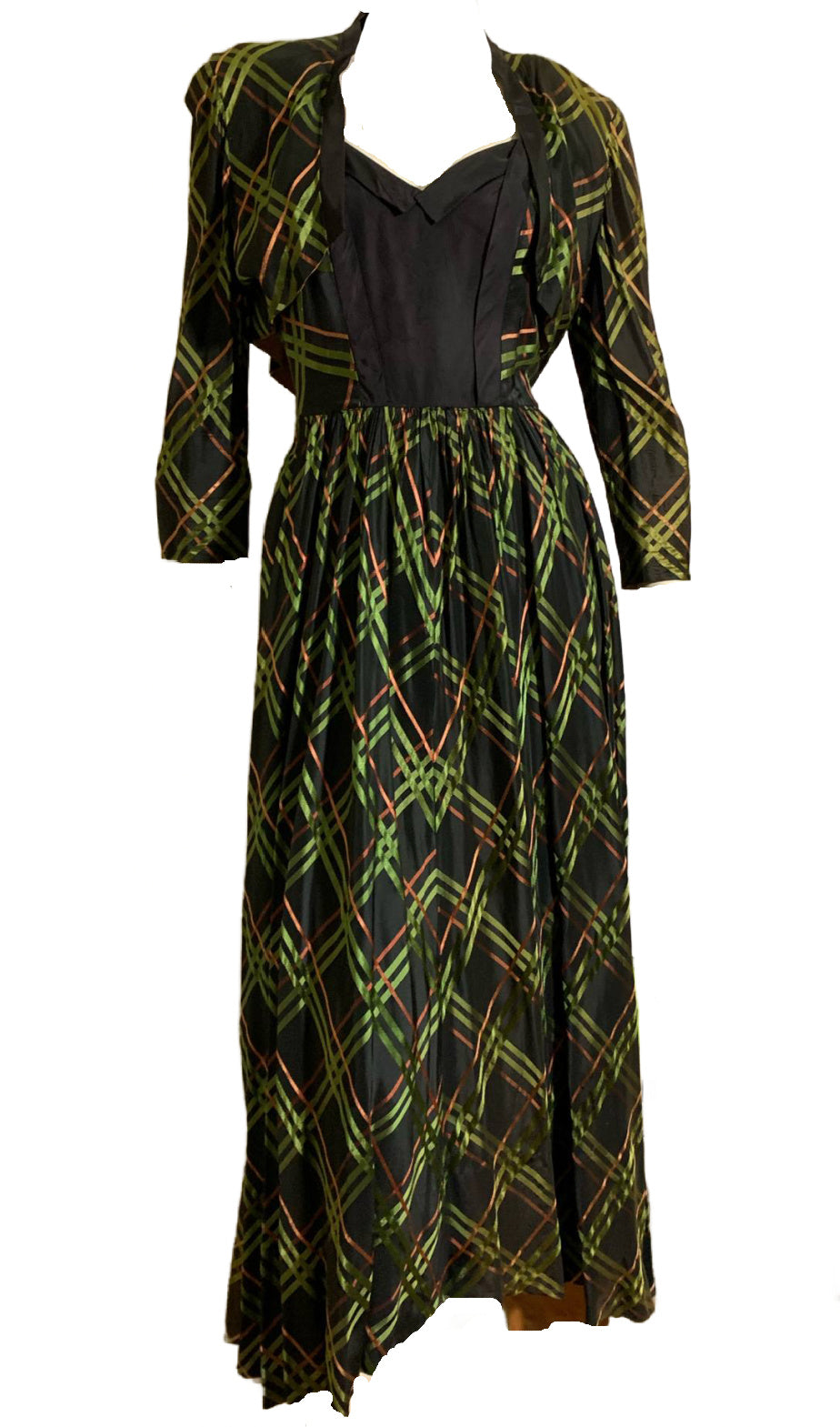 Green, Red and Black Plaid Taffeta Dress with Bolero Jacket circa 1940s